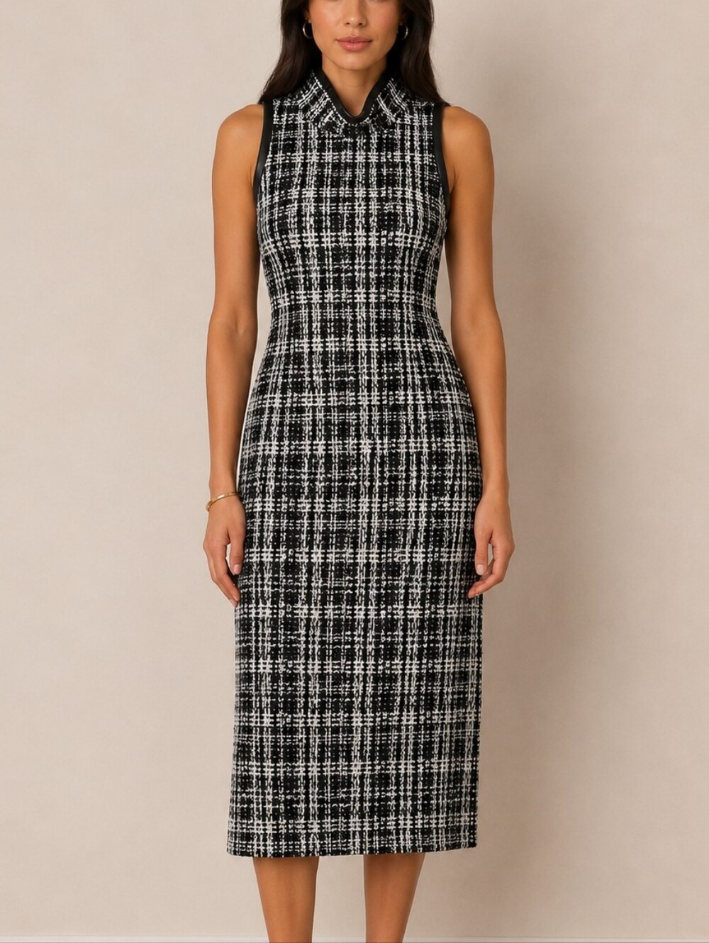 St. John Black & White Knit Plaid Sheath Dress with Real Leather Trim ✨ Size 00